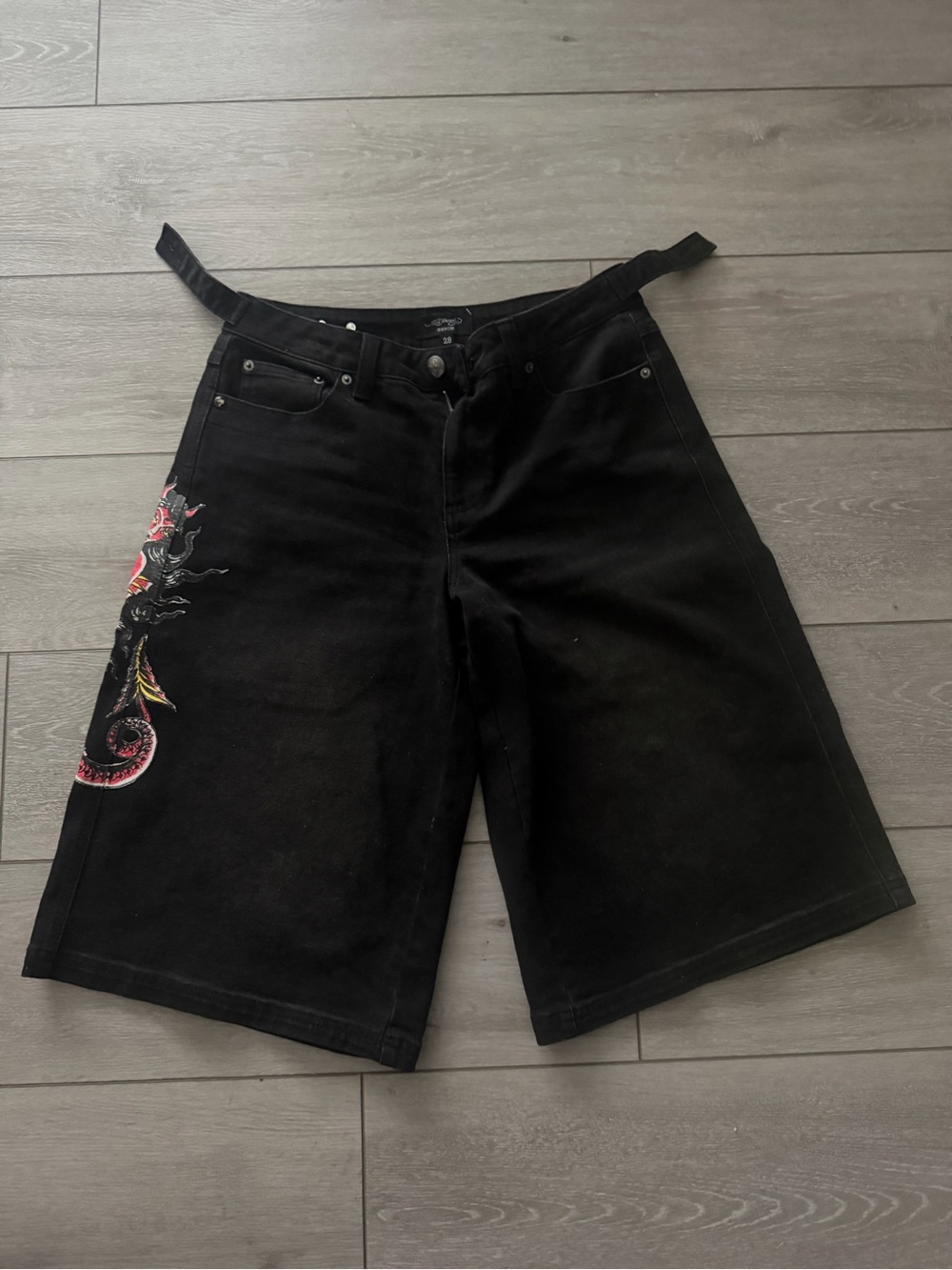 Ed Hardy Black Bermuda Shorts with Red & Gold Dragon Embroidery